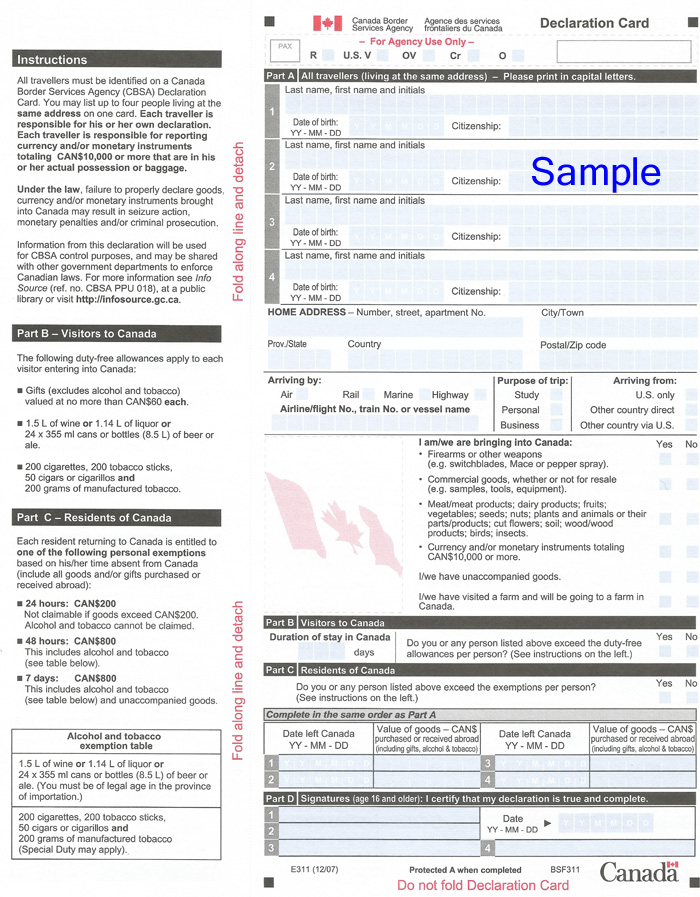 E311 CUSTOMS DECLARATION CARD PDF