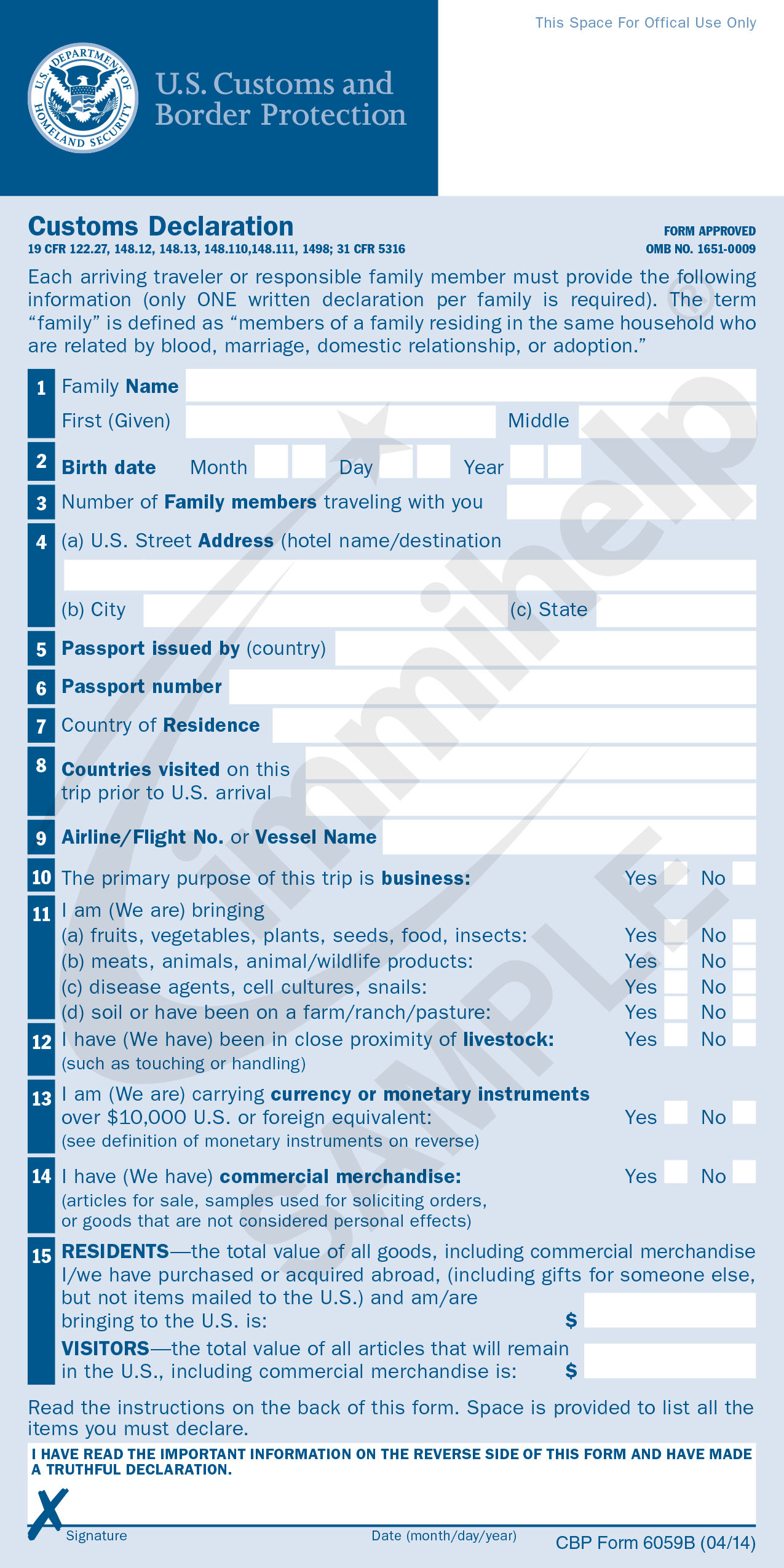 Sample US Customs Declaration Form 6059B Sample US Customs Declaration Form 6059B