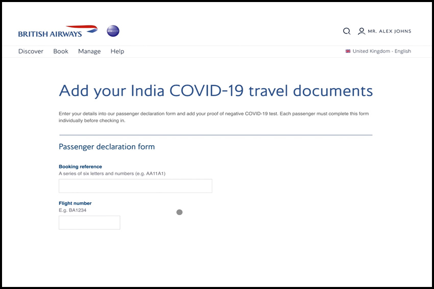 british airways india travel declaration form