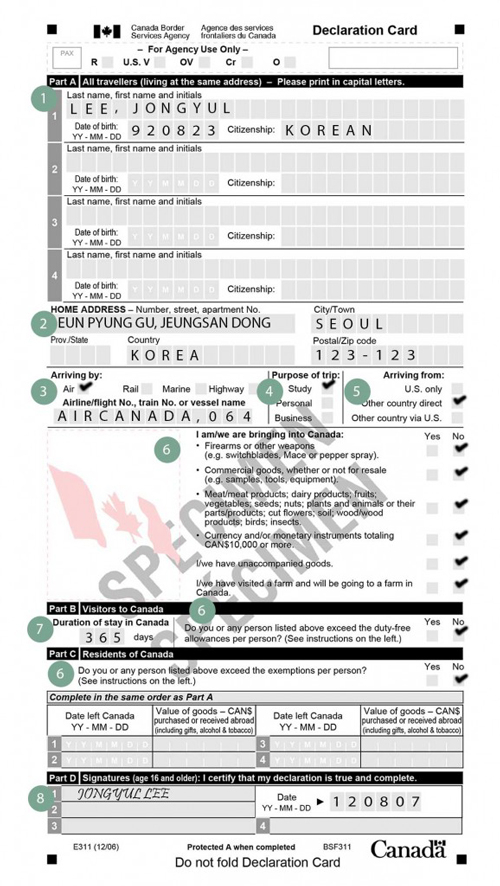 Canada Customs Form Canada Customs Form