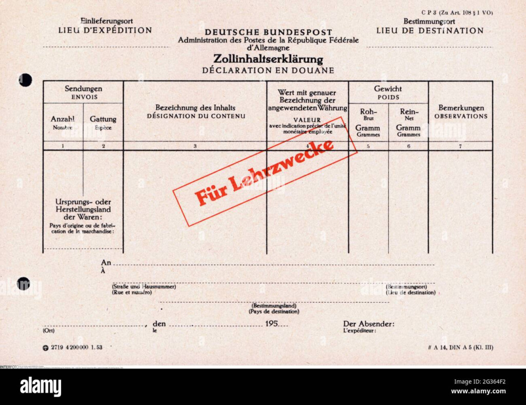 Mail Form German Federal Post Office Customs Declaration For 