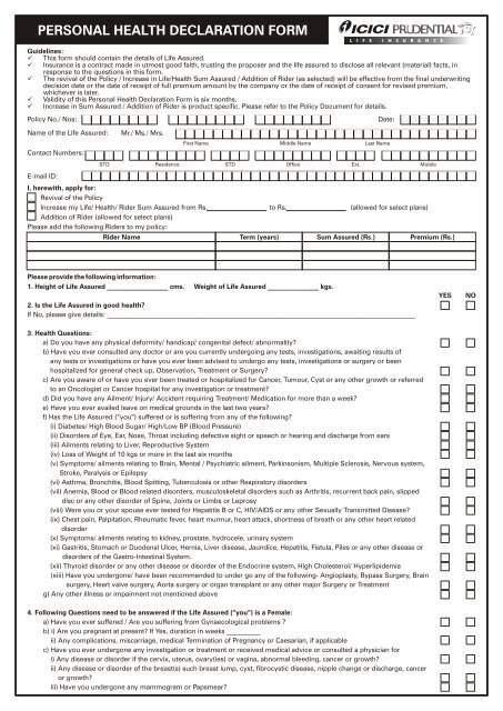 PERSONAL HEALTH DECLARATION FORM
